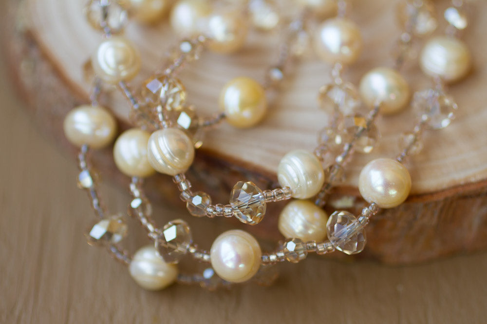 45" Light Gold Colored Freshwater Pearl & Crystal Necklace