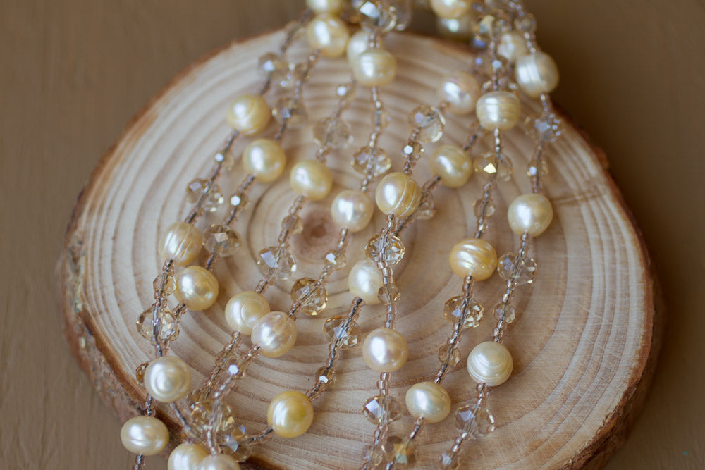 45" Light Gold Colored Freshwater Pearl & Crystal Necklace