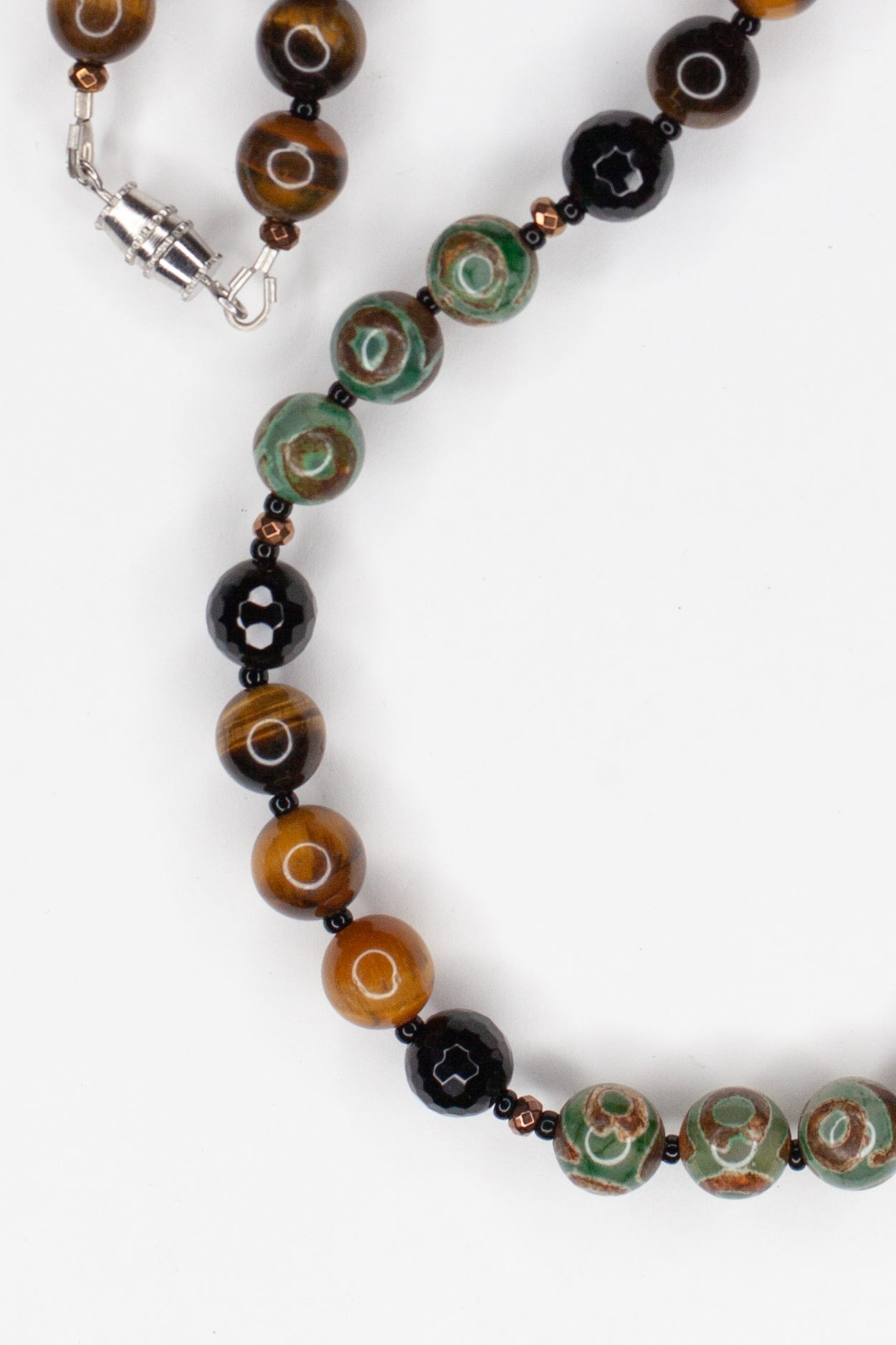 18" Long Tiger Eye Necklace with Evil Eye Agate & Hematite Beads