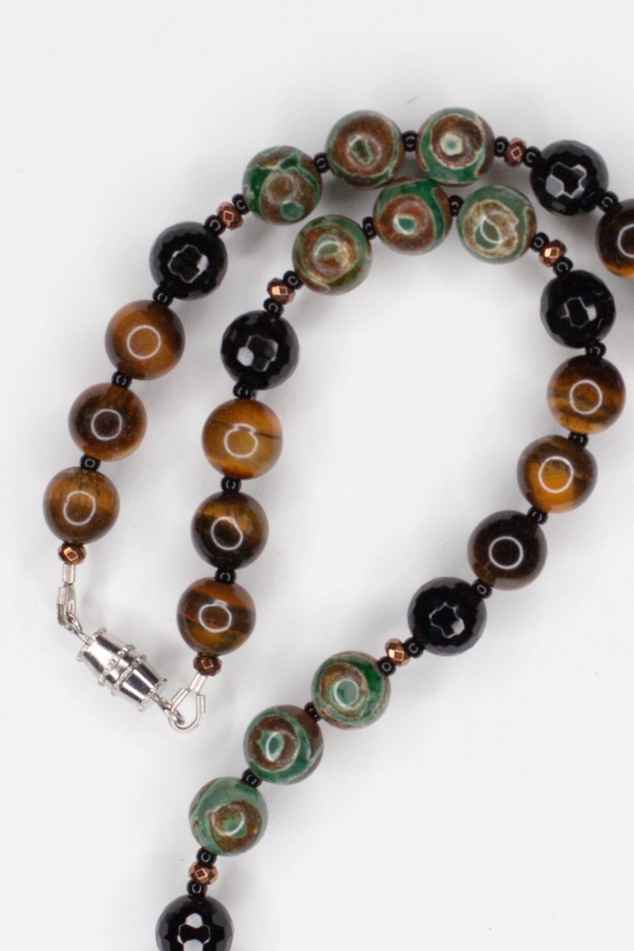 18" Long Tiger Eye Necklace with Evil Eye Agate & Hematite Beads