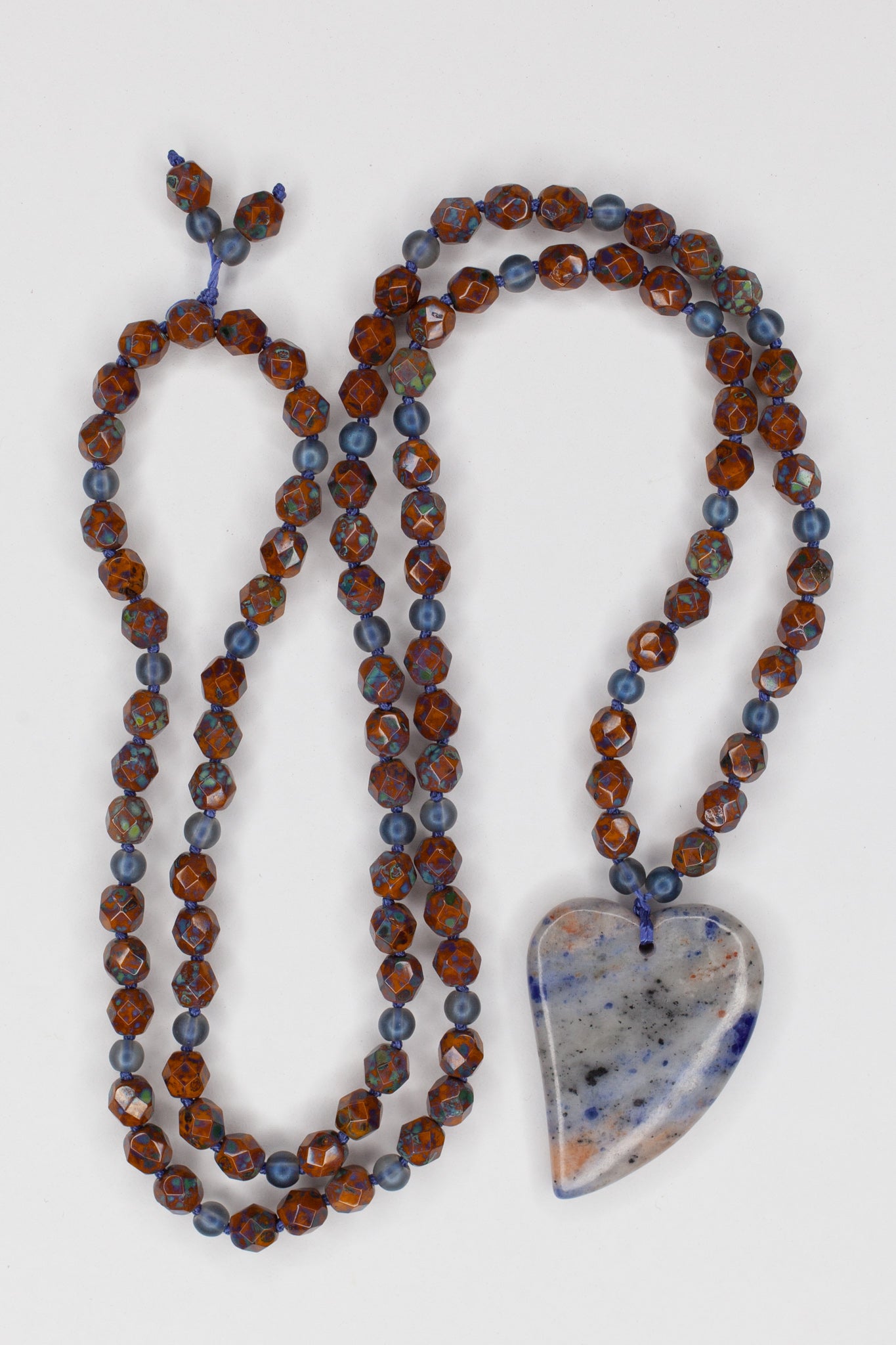 28" Long Hand Knotted Blue Sodalite Heart Pendant Necklace with Czech Glass Beads