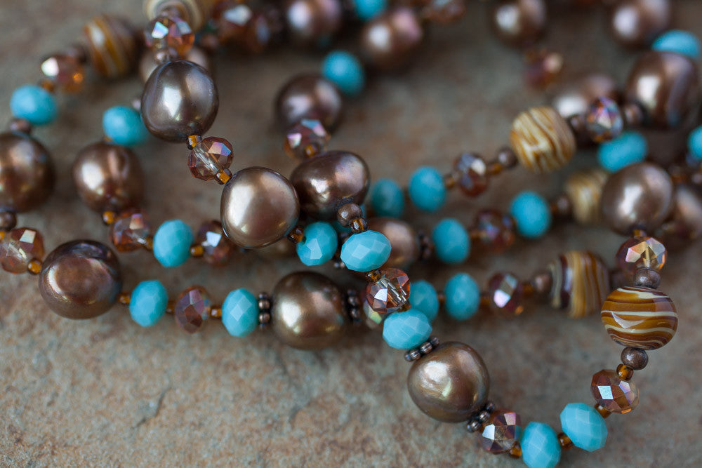 35" Chocolate Brown Pearl, Turquoise Crystal & Copper Necklace