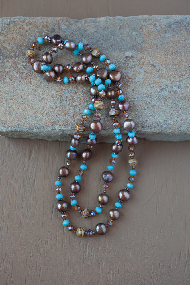 35" Chocolate Brown Pearl, Turquoise Crystal & Copper Necklace