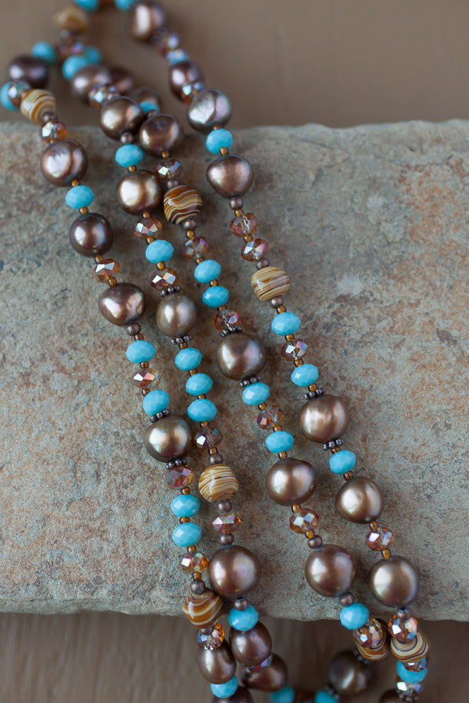 35" Chocolate Brown Pearl, Turquoise Crystal & Copper Necklace