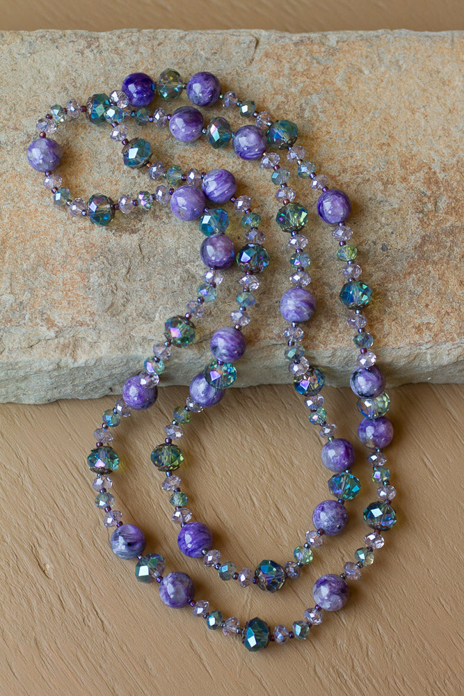 35" Purple Charoite & Crystal Beaded Necklace