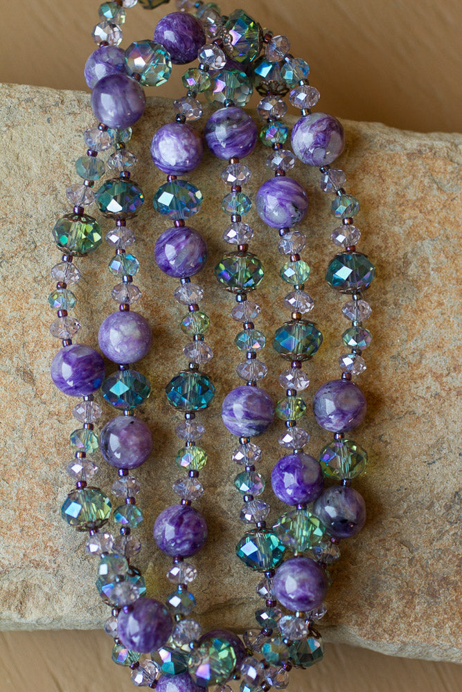 35" Purple Charoite & Crystal Beaded Necklace