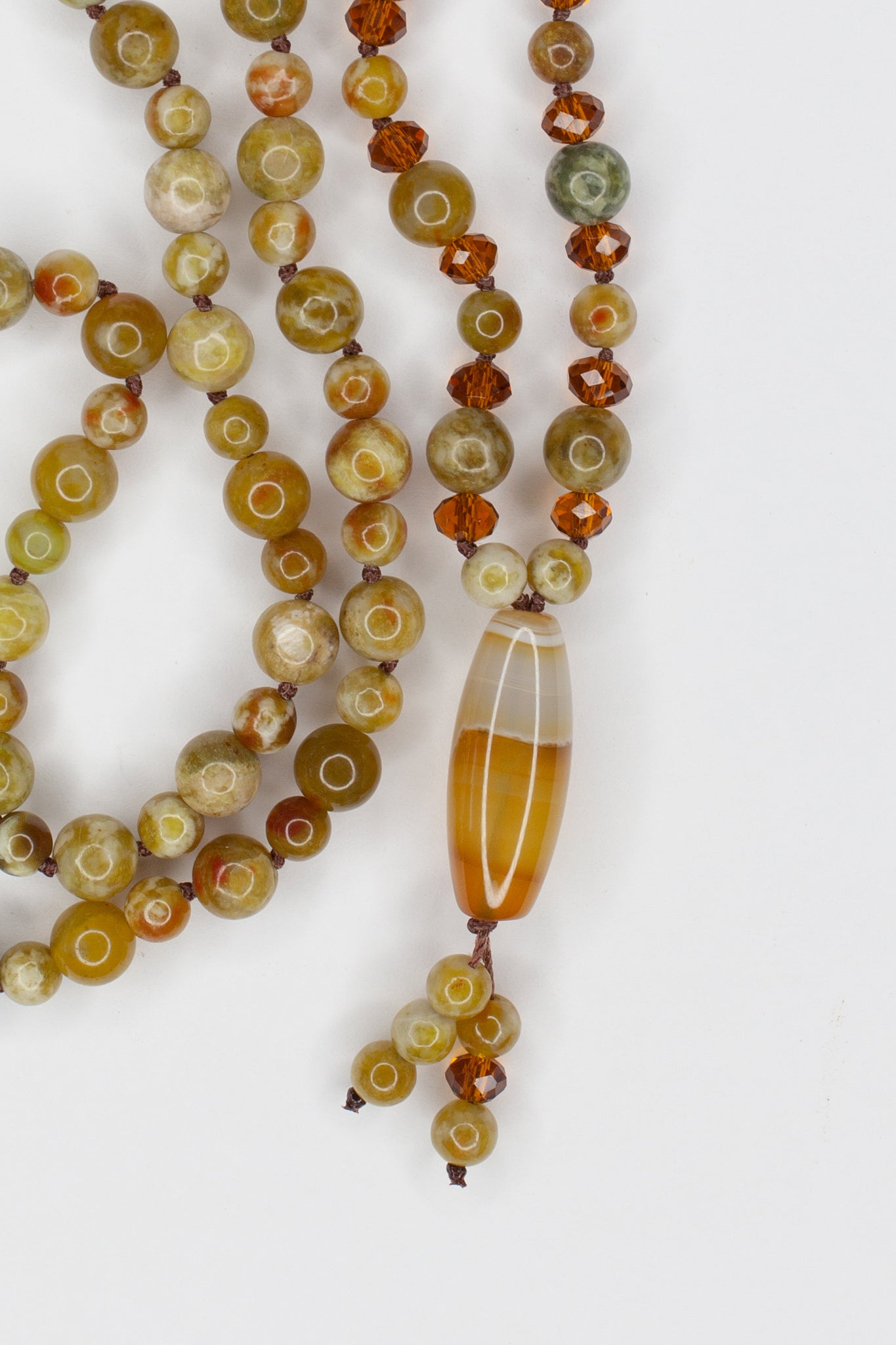 29" Long Agate Pendant Necklace with Green Dragon Jasper & Crystal Beads