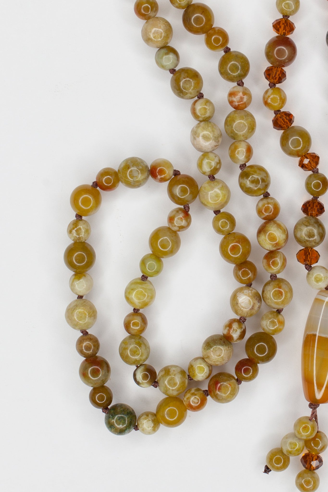 29" Long Agate Pendant Necklace with Green Dragon Jasper & Crystal Beads