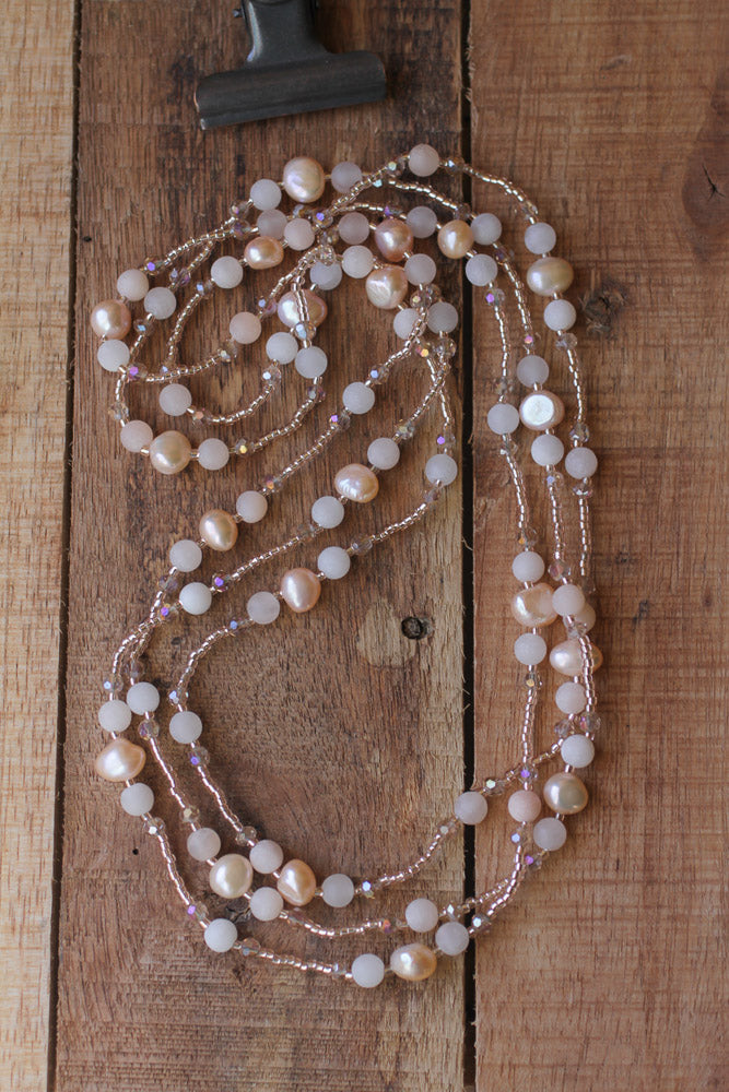 60" Long Ballet Slipper Pink Faux Pearl, Aventurine & Crystal Beaded Necklace