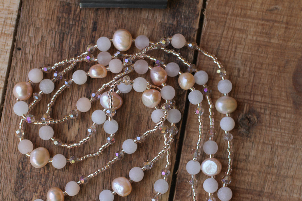 60" Long Ballet Slipper Pink Faux Pearl, Aventurine & Crystal Beaded Necklace