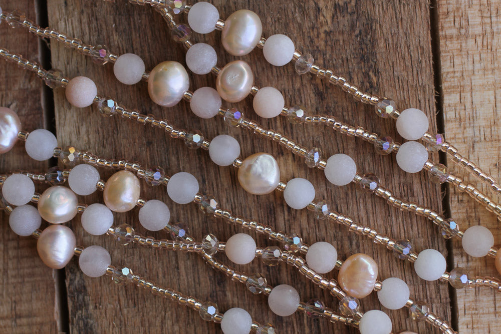 60" Long Ballet Slipper Pink Faux Pearl, Aventurine & Crystal Beaded Necklace
