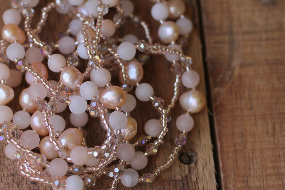 60" Long Ballet Slipper Pink Faux Pearl, Aventurine & Crystal Beaded Necklace