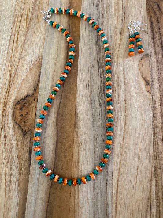 Orange Spiny Oyster and Natural Turquoise Beaded Necklace with Sterling Silver clasp, showcasing vibrant colors and handcrafted design.