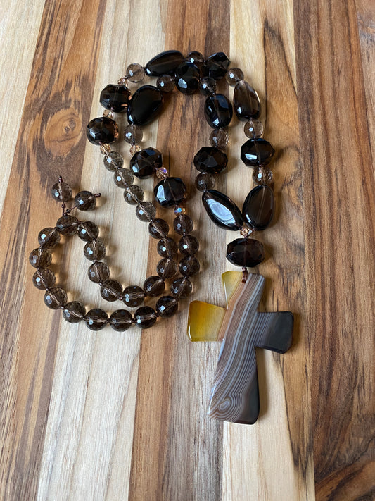 28" Long Brown Stripes Agate Cross Necklace with Smoky Quartz & Crystal Beads