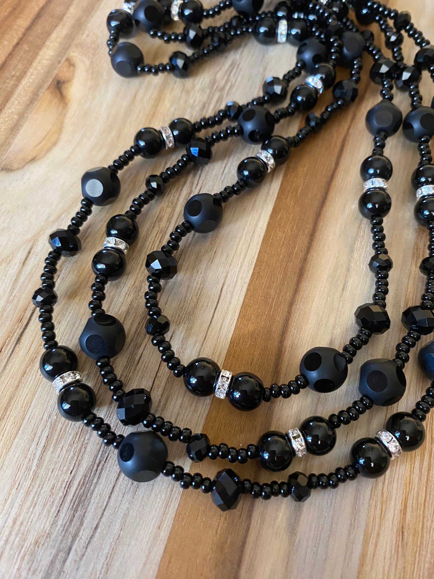 60" Extra Long Wraparound Style Beaded Necklace with Black Onyx and Glass Beads