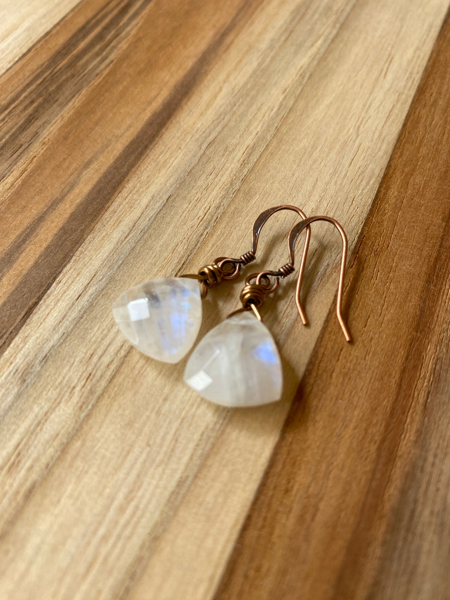 Rainbow Moonstone Dainty Dangle Earrings with Copper