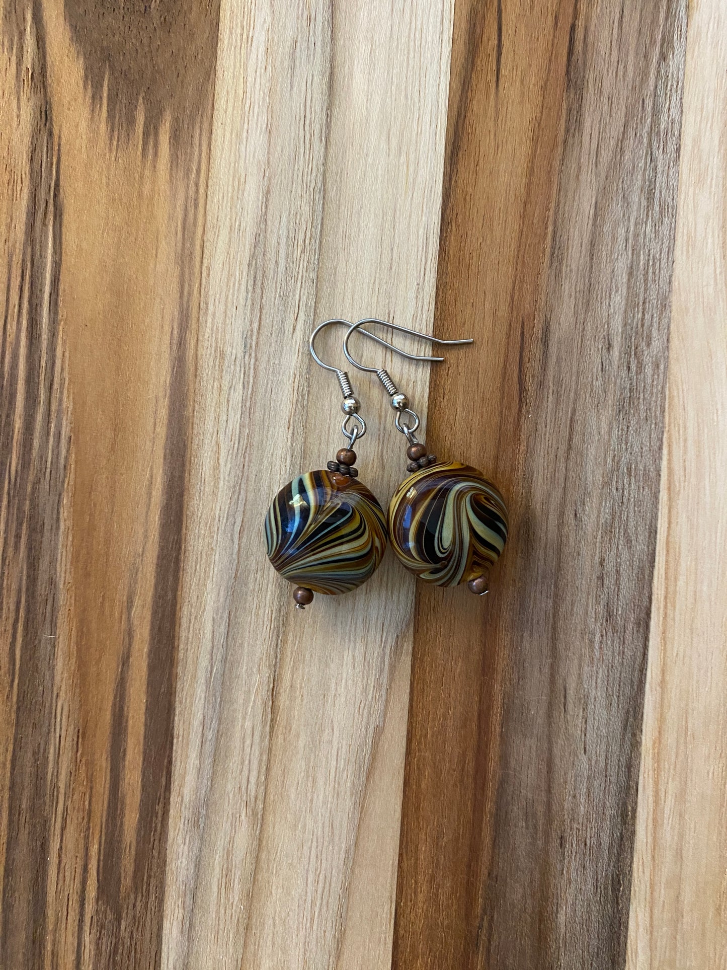Brown & Cream Art Glass Swirl Dangle Earrings - My Urban Gems