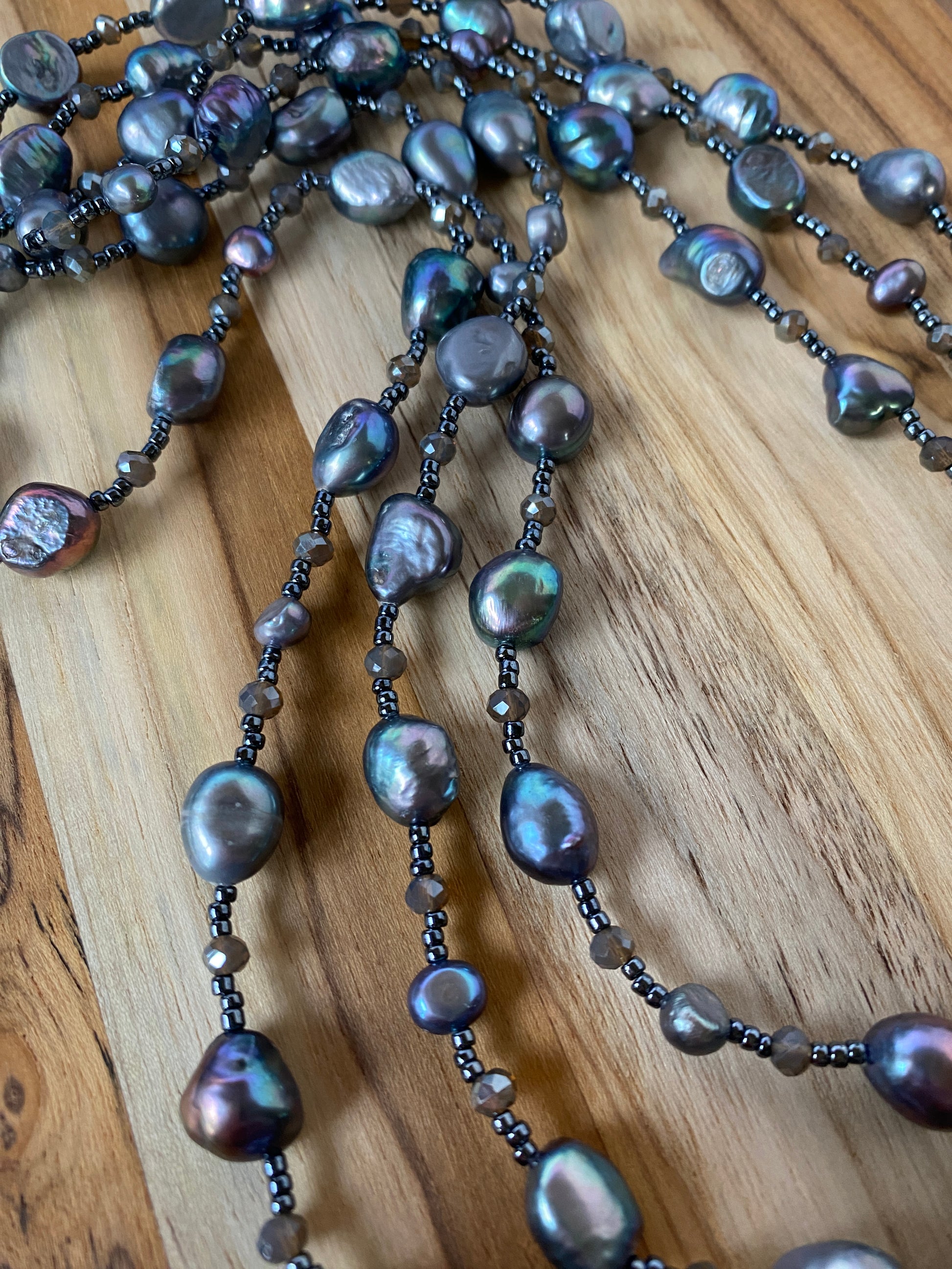 60" Extra Long Beaded Grey Peacock Freshwater Pearl Necklace with Crystal Beads My Urban Gems