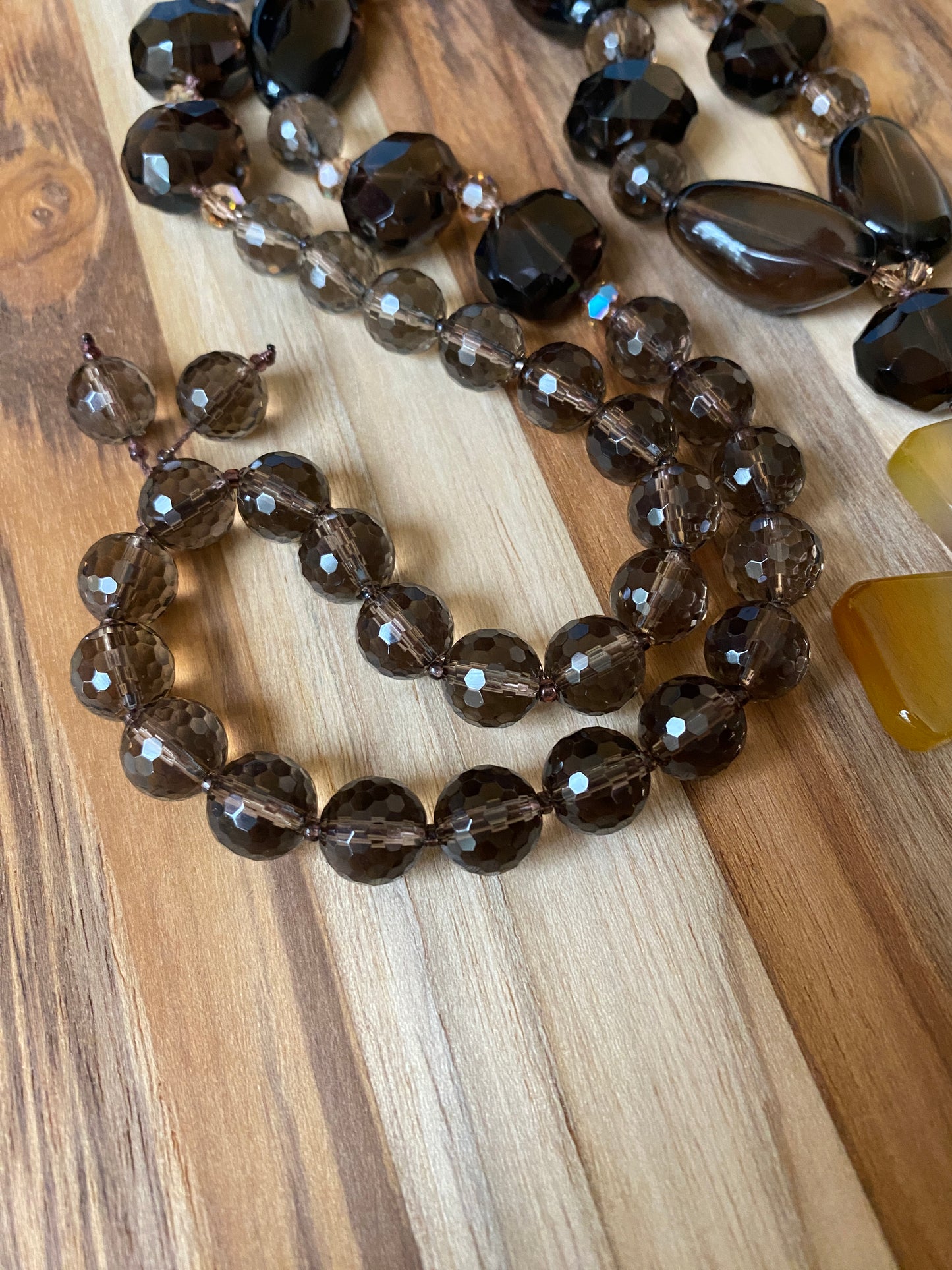 28" Long Brown Stripes Agate Cross Necklace with Smoky Quartz & Crystal Beads
