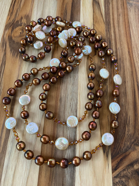 60" Extra Long Beaded Necklace with Brown, & Pale Peach Pearls & Crystal Beads