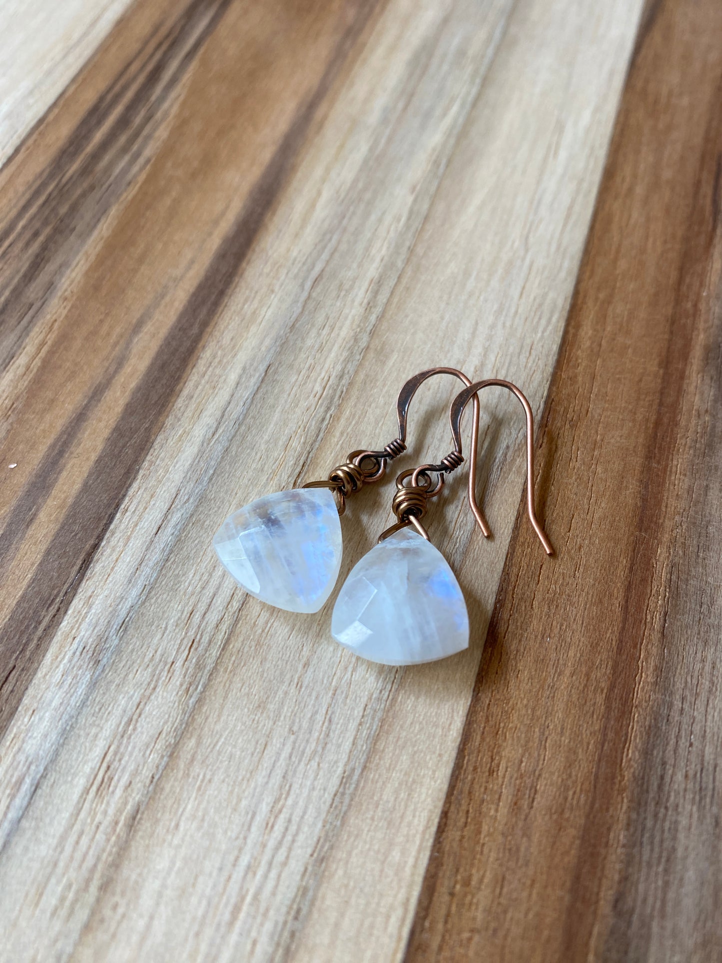 Rainbow Moonstone Dainty Dangle Earrings with Copper