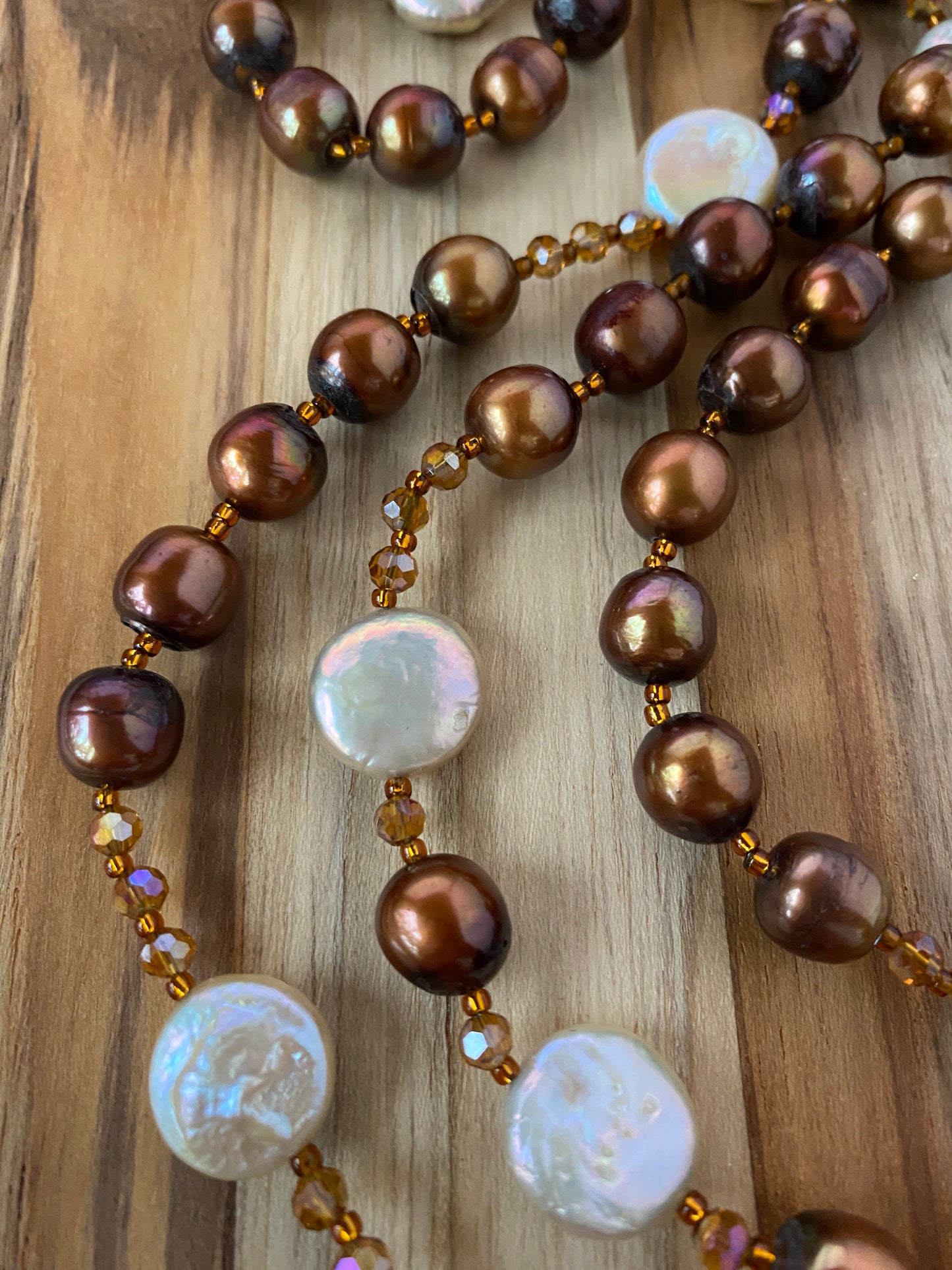 60" Extra Long Beaded Necklace with Brown, & Pale Peach Pearls & Crystal Beads