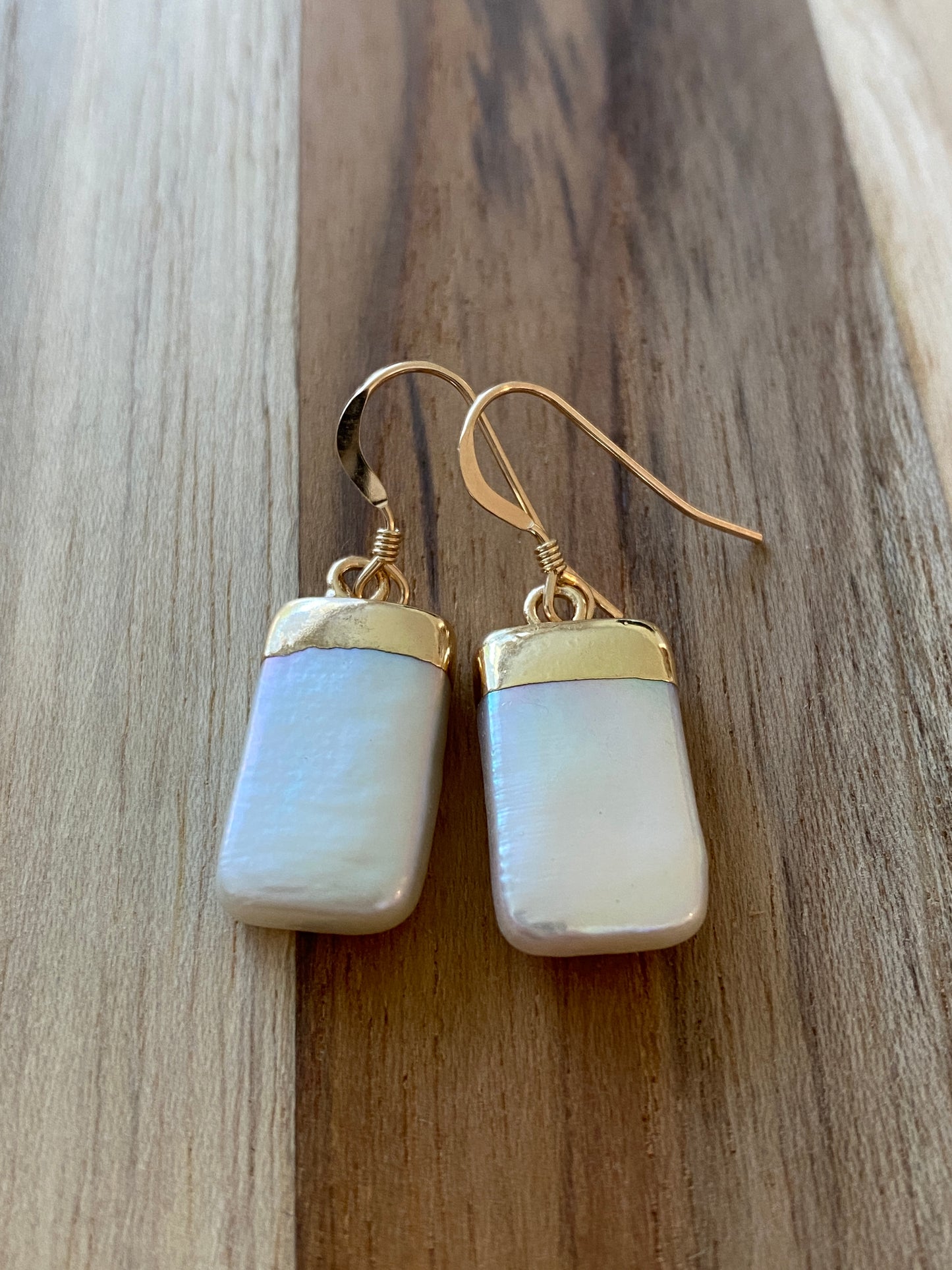 White Rectangle Genuine Freshwater Pearl Dangle Earrings with Gold