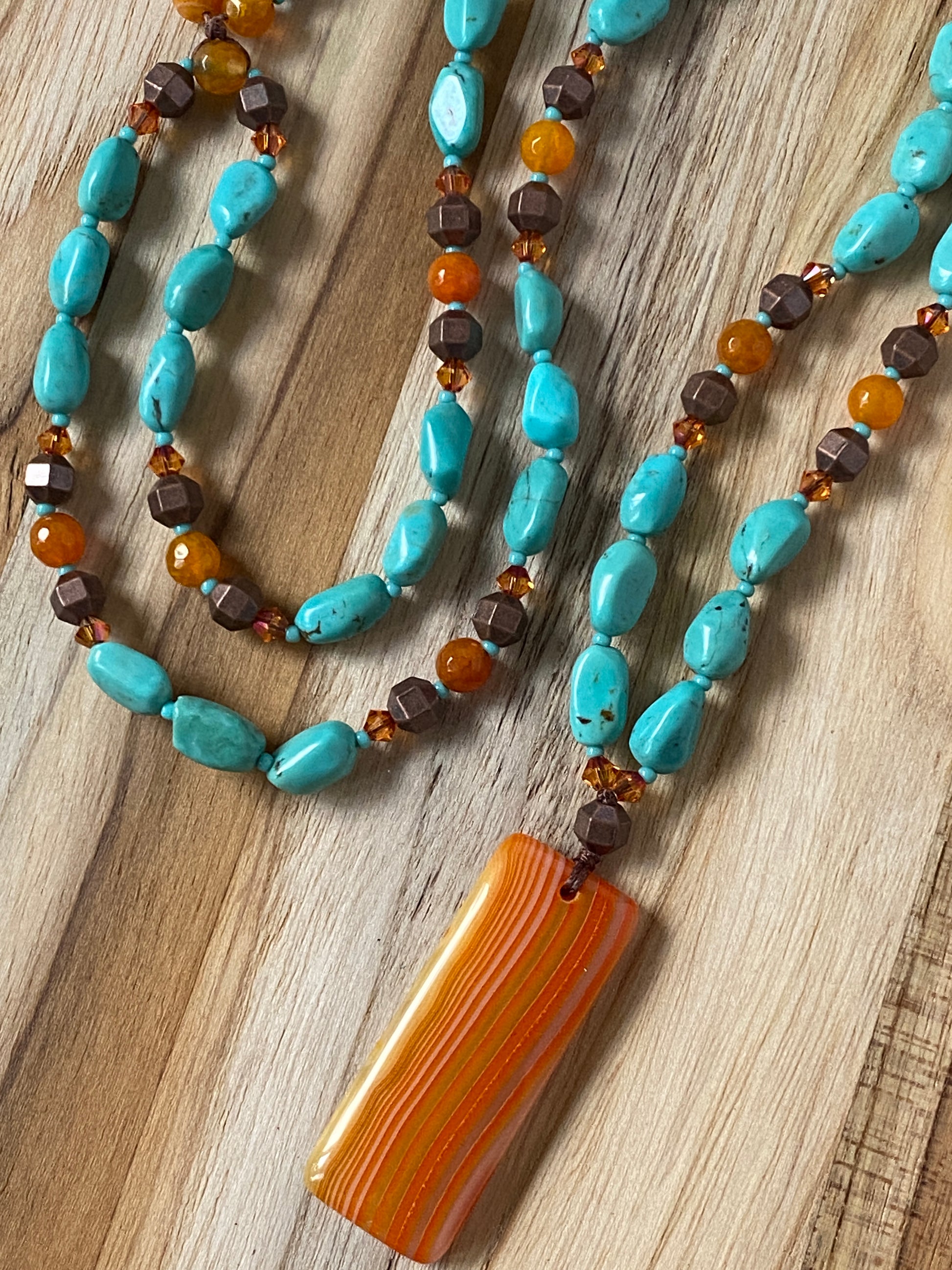 30" Long Orange Agate Pendant Beaded Necklace with Natural Turquoise, Agate & Crystal Beads My Urban Gems