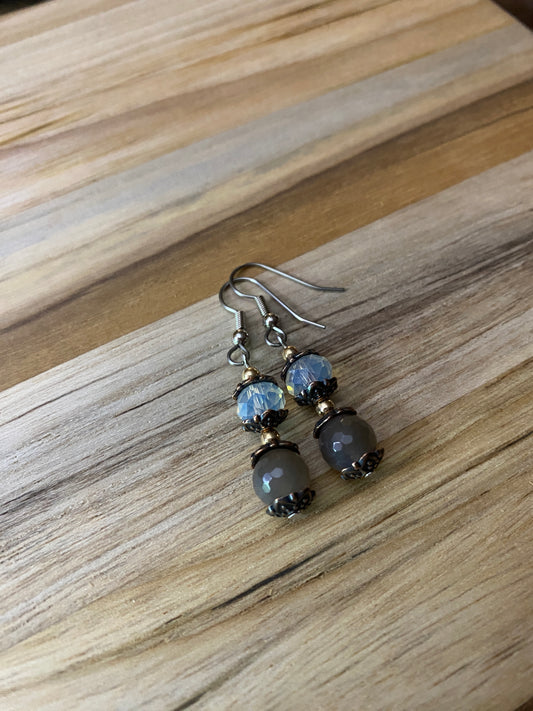 Grey Moonstone and Crystal Dangle Earrings