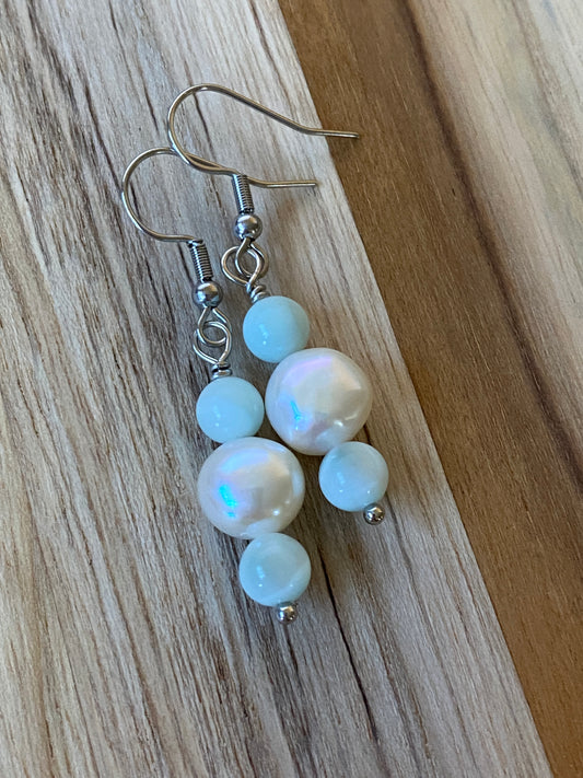 White Freshwater Pearl and Green Moonstone Dangle Earrings