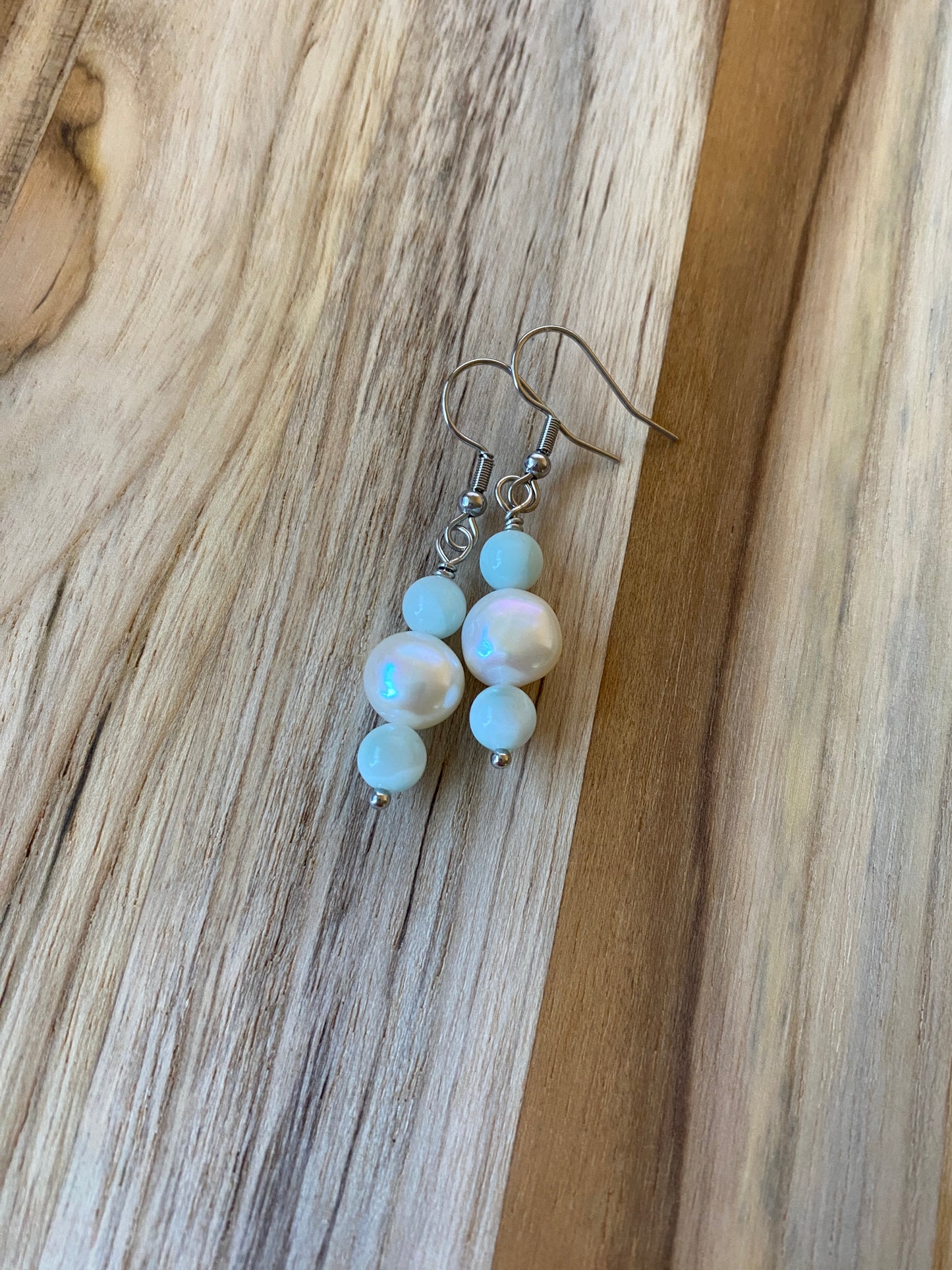 White Freshwater Pearl and Green Moonstone Dangle Earrings