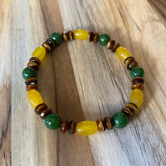 Unisex Beaded Stretch bracelet with Green Jade & Brown Glass Beads ~ 7.5”