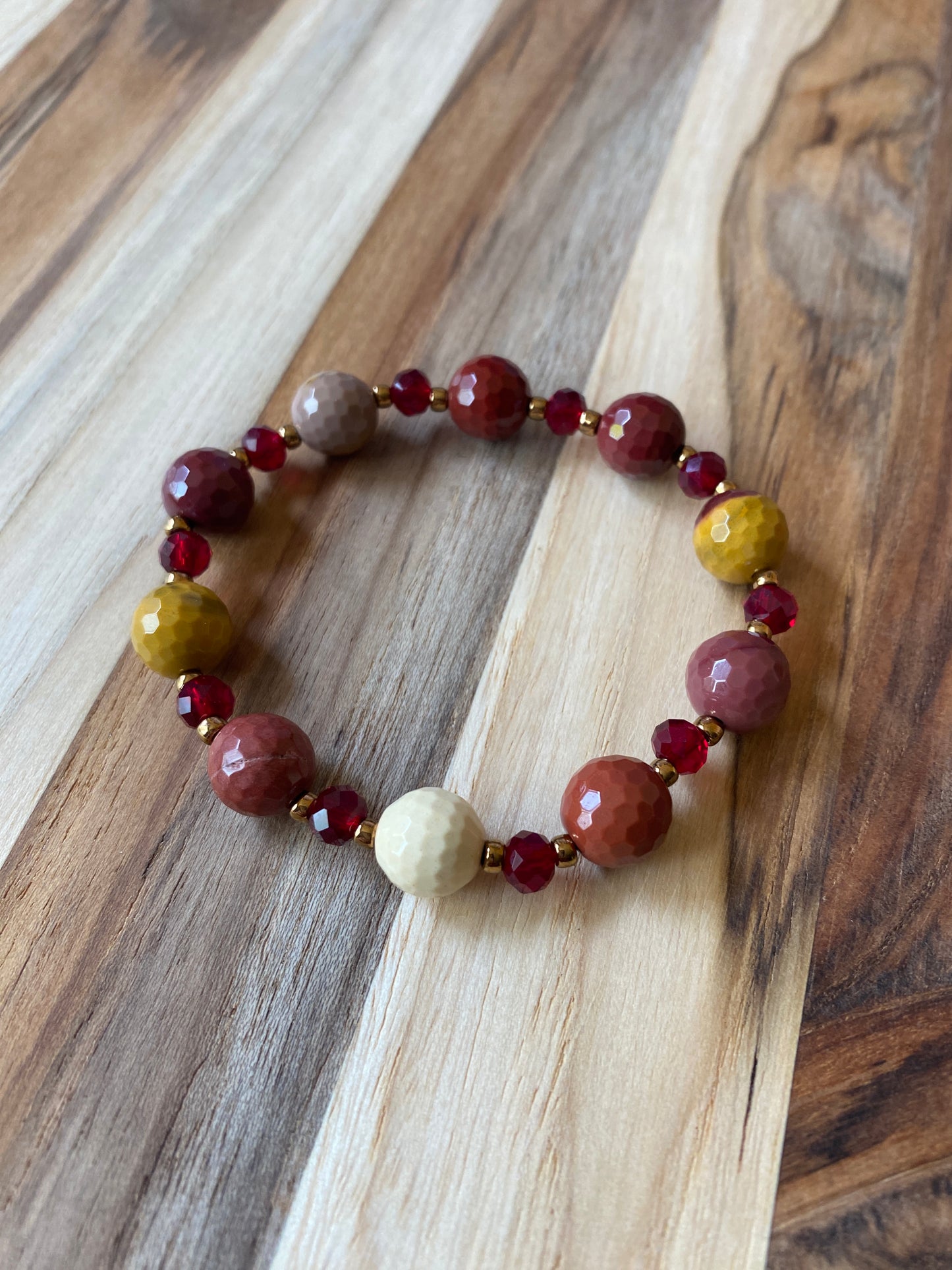 Mookaite Beaded Stretch Bracelet with Crystal Beads