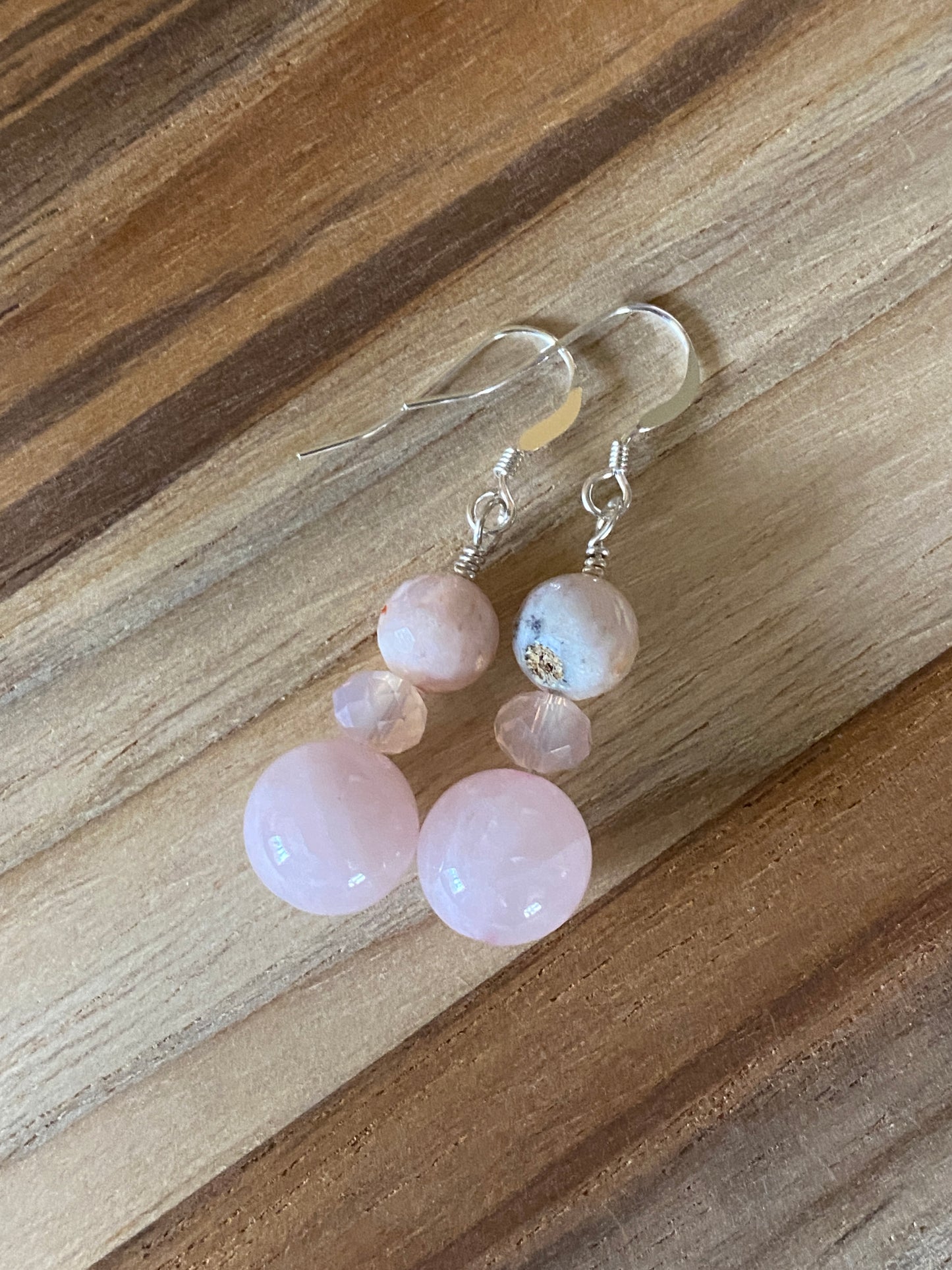 Madagascar Rose Quartz Dangle Earrings with Sakura Agate
