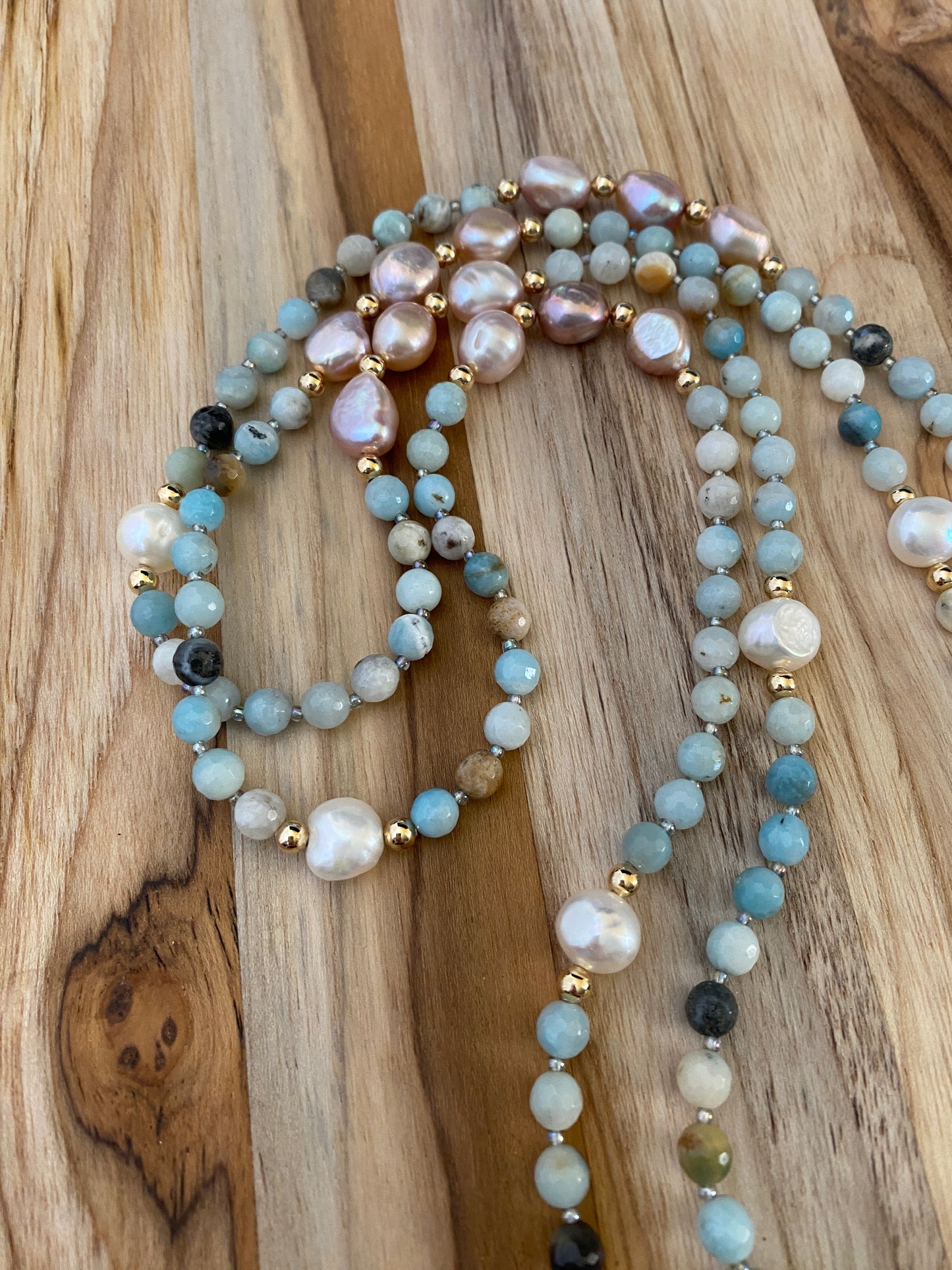 Long Beaded Amazonite Necklace with Pink and White Freshwater Pearl Beads