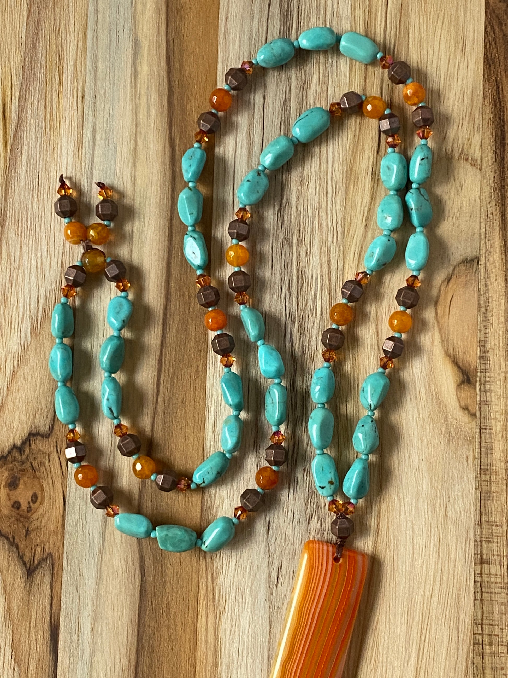 30" Long Orange Agate Pendant Beaded Necklace with Natural Turquoise, Agate & Crystal Beads My Urban Gems