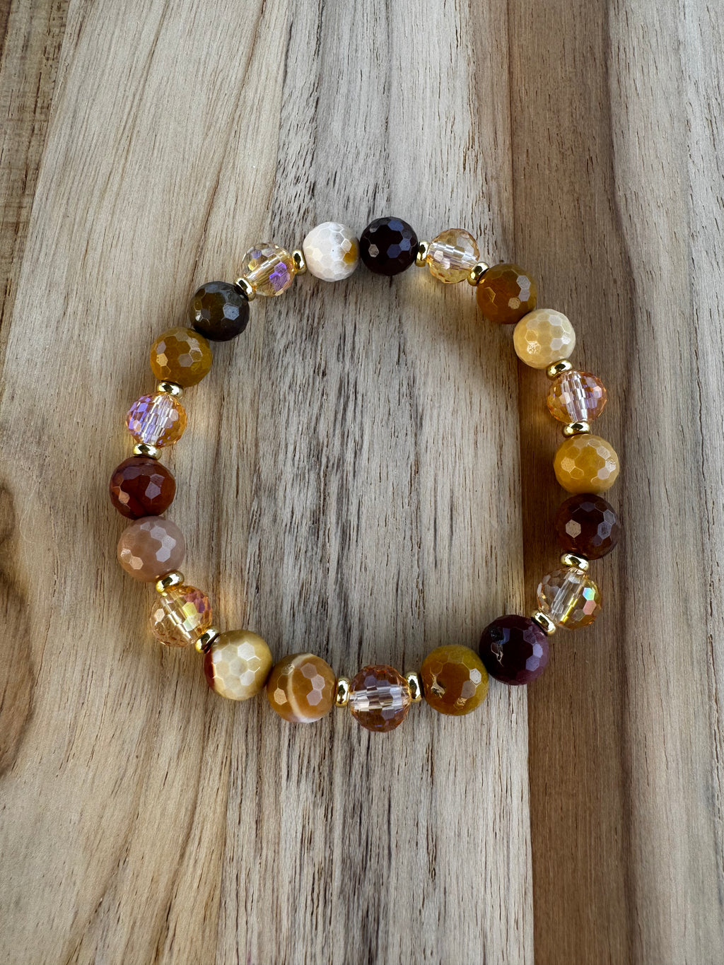 Faceted Mookaite Stretch Bracelet with Mustard Yellow Crystal Beads ~ 7”