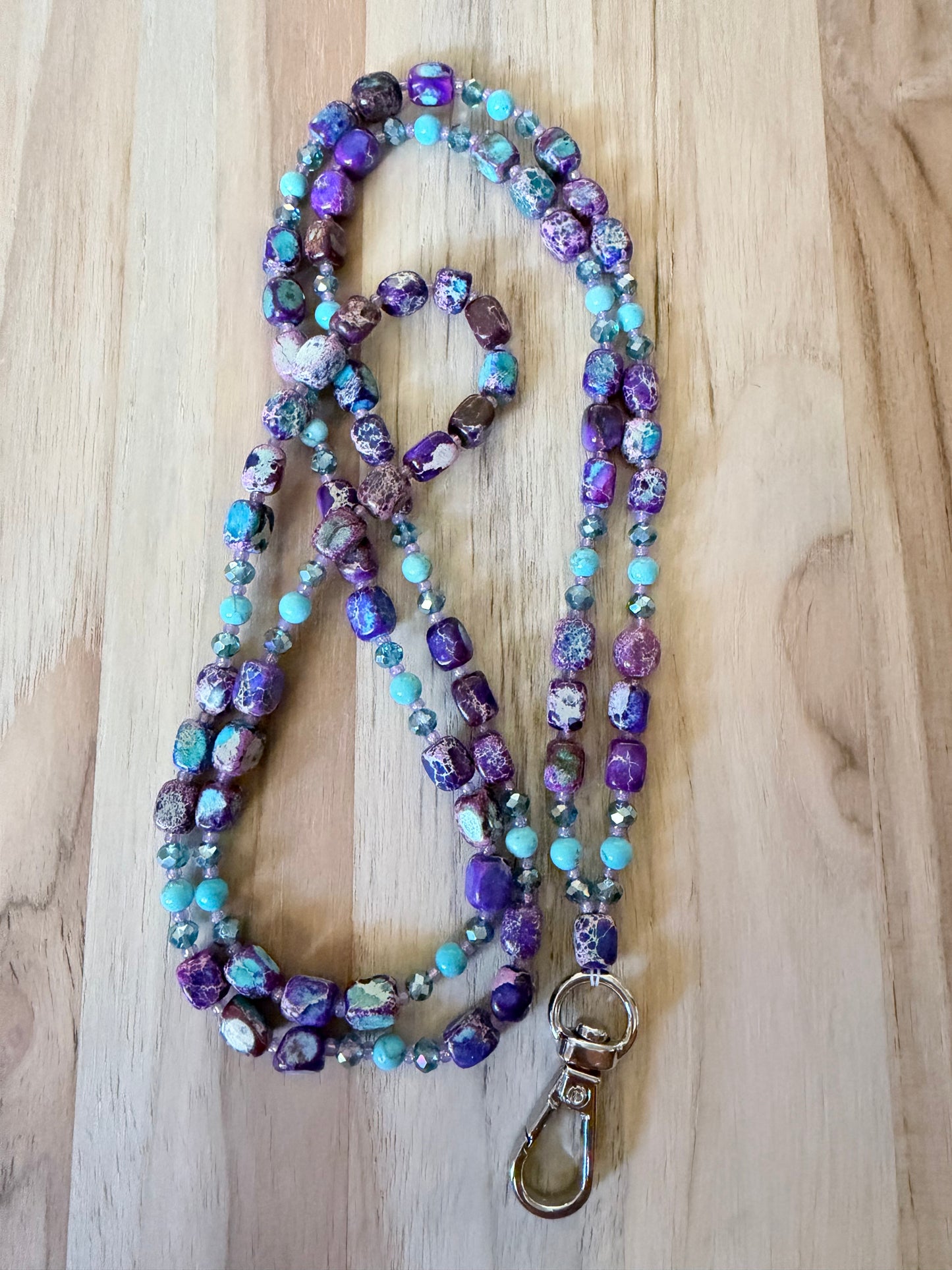 Lanyard ~ 34” Purple Sea Sediment Jasper with Turquoise and Crystal beads