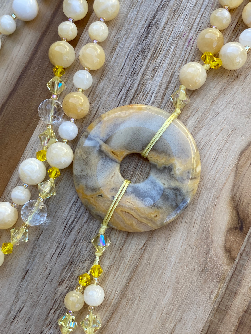 Crazy Lace Agate Donut Necklace with Yellow/White Jade and Crystal Beads