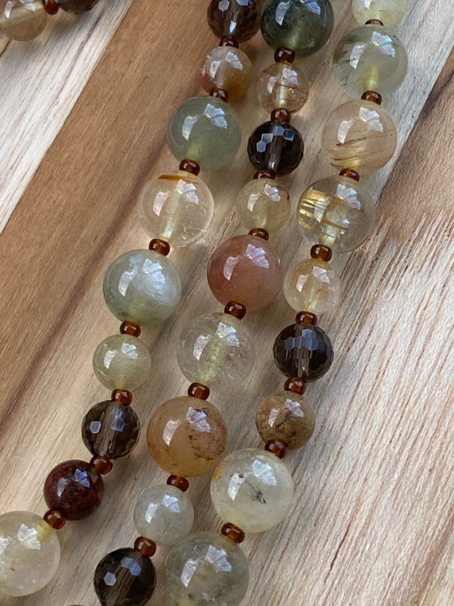 60" Extra Long Wraparound Style Mixed Rutilated Quartz Beaded Necklace with Smokey Quartz Beads - My Urban Gems