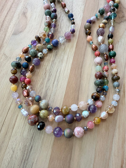60” Extra Long Wraparound Necklace with Multi-colored gemstones Pearls and Crystal beads