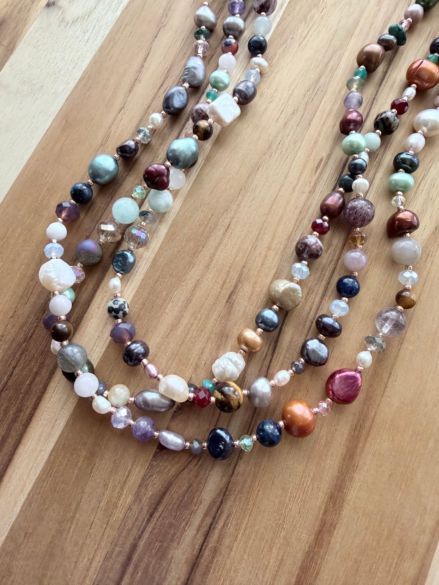60” Extra Long Wraparound Freshwater Pearl Necklace with Gemstones and Crystal Beads