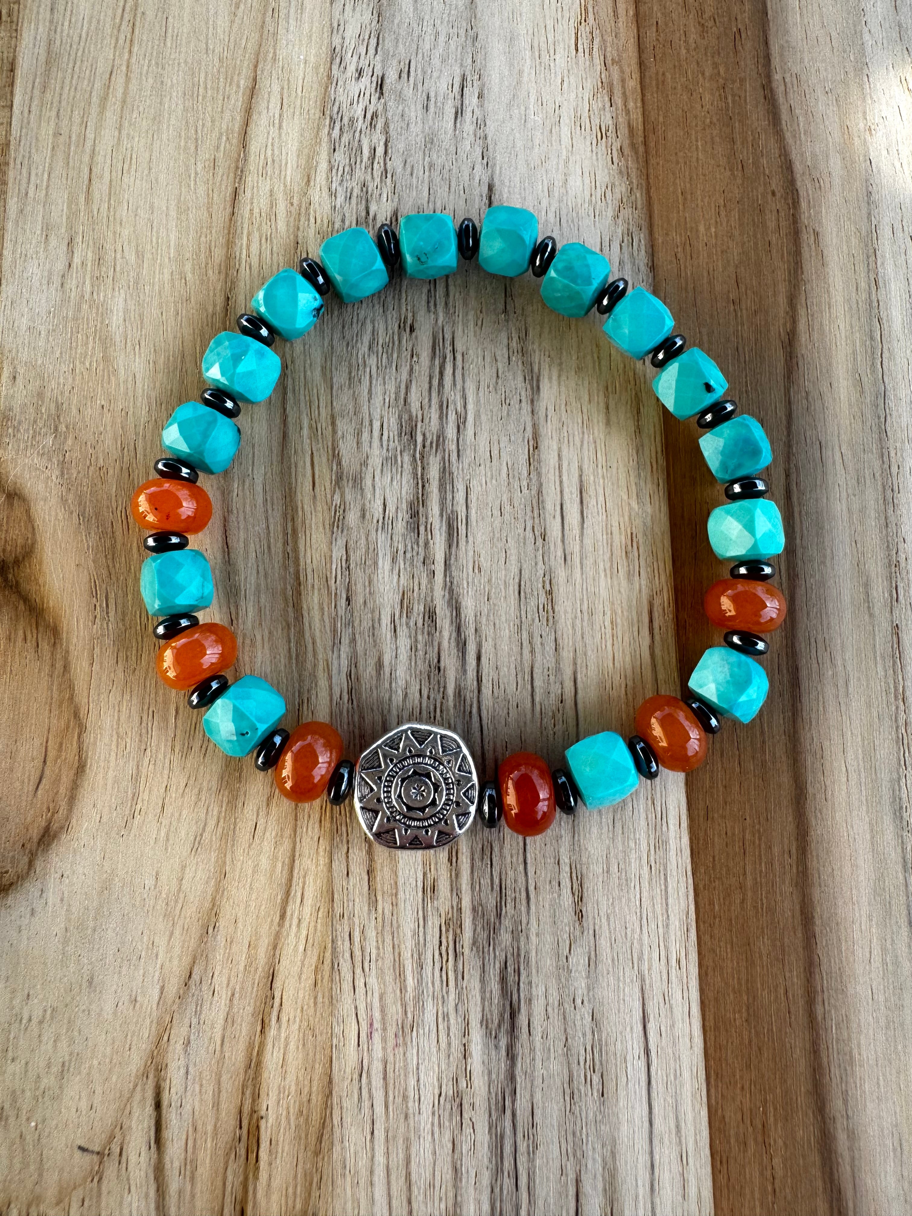 Aztec Sun Stretch Bracelet with Turquoise Jade and Hematite Beads