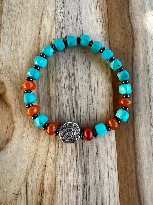 Aztec Sun Stretch Bracelet with Turquoise Jade and Hematite Beads