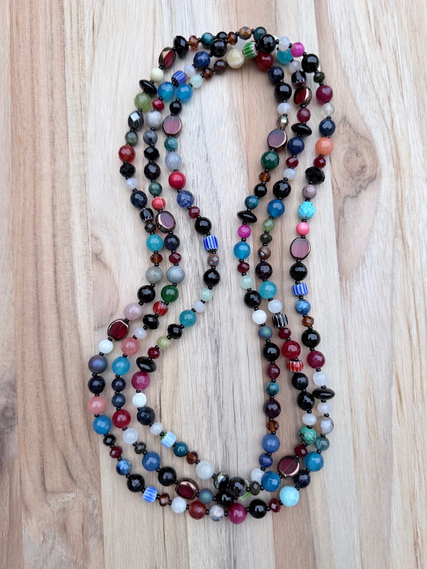 60” Extra Long Wraparound Multi Gemstone Necklace with Glass and Crystal Beads