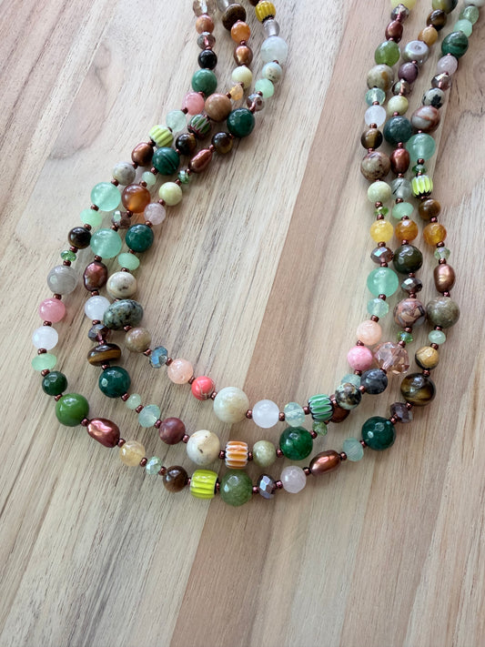 60” Extra Long Wraparound Mixed Gemstone Pearl and Crystal Necklace