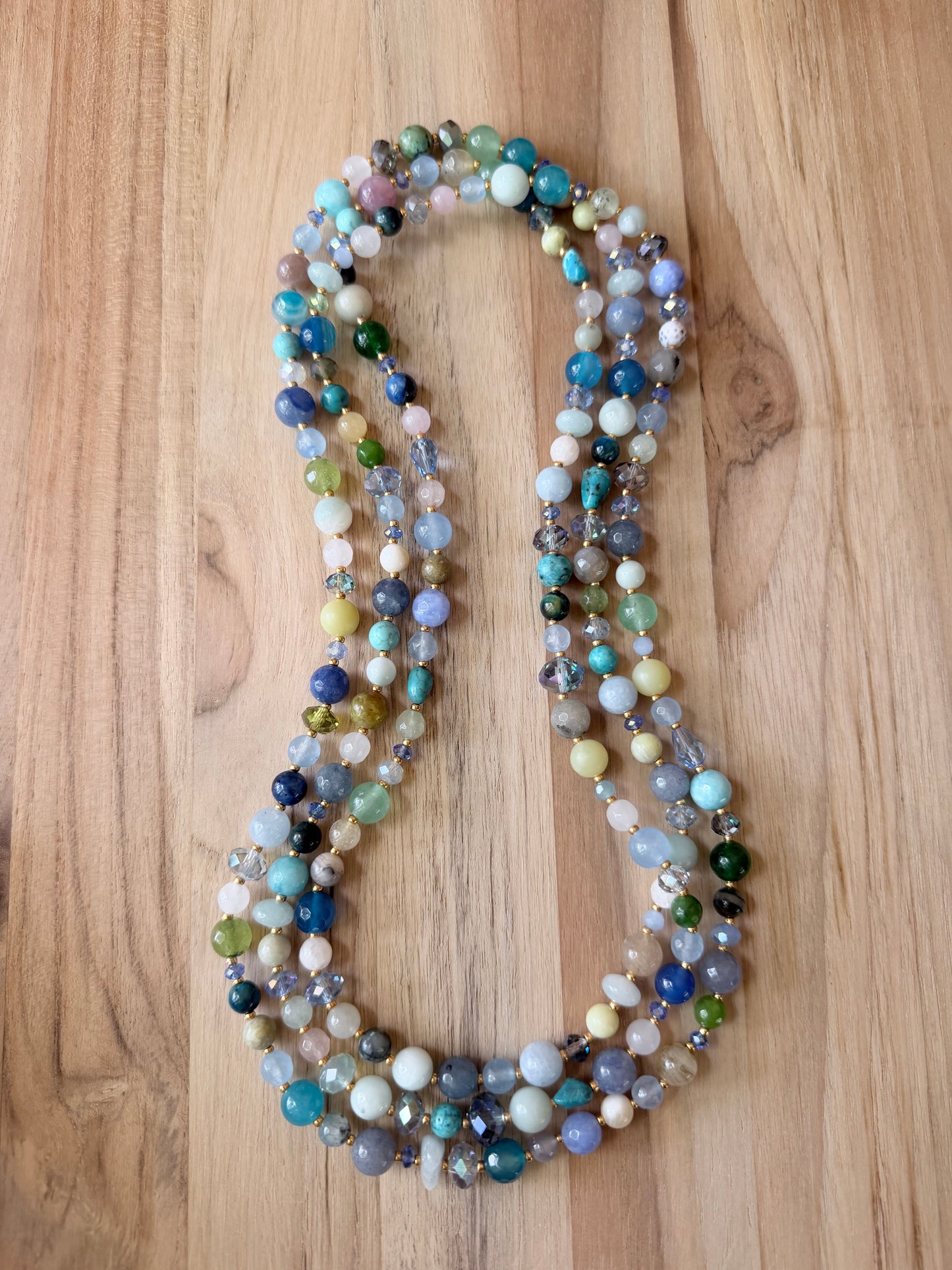 60” Extra Long Wraparound Multi Colored Gemstone Necklace with Crystal Beads