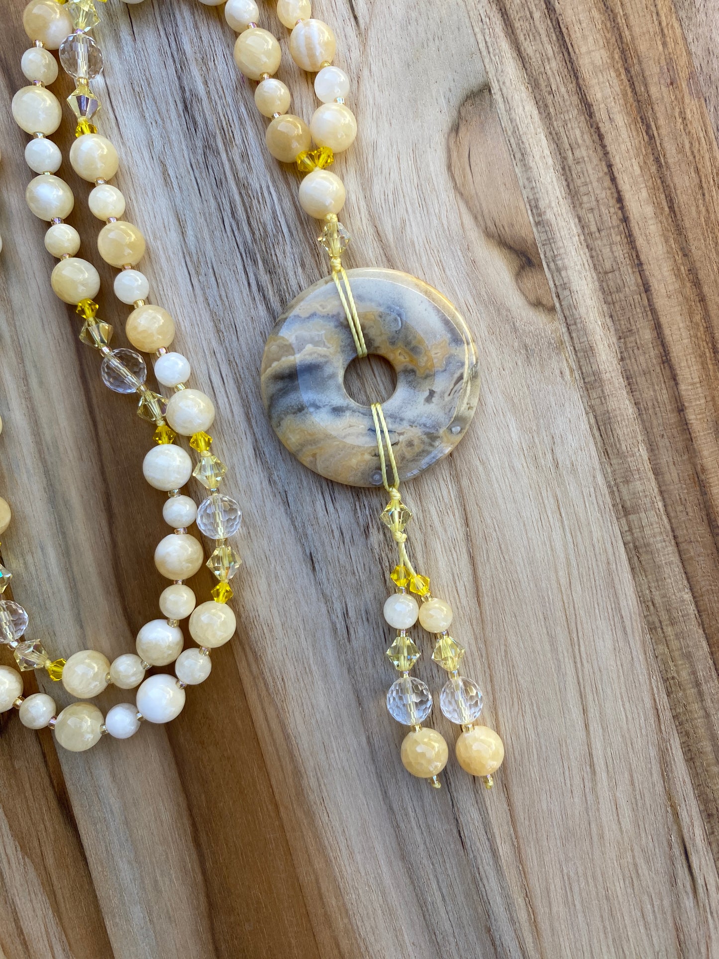 Crazy Lace Agate Donut Necklace with Yellow/White Jade and Crystal Beads