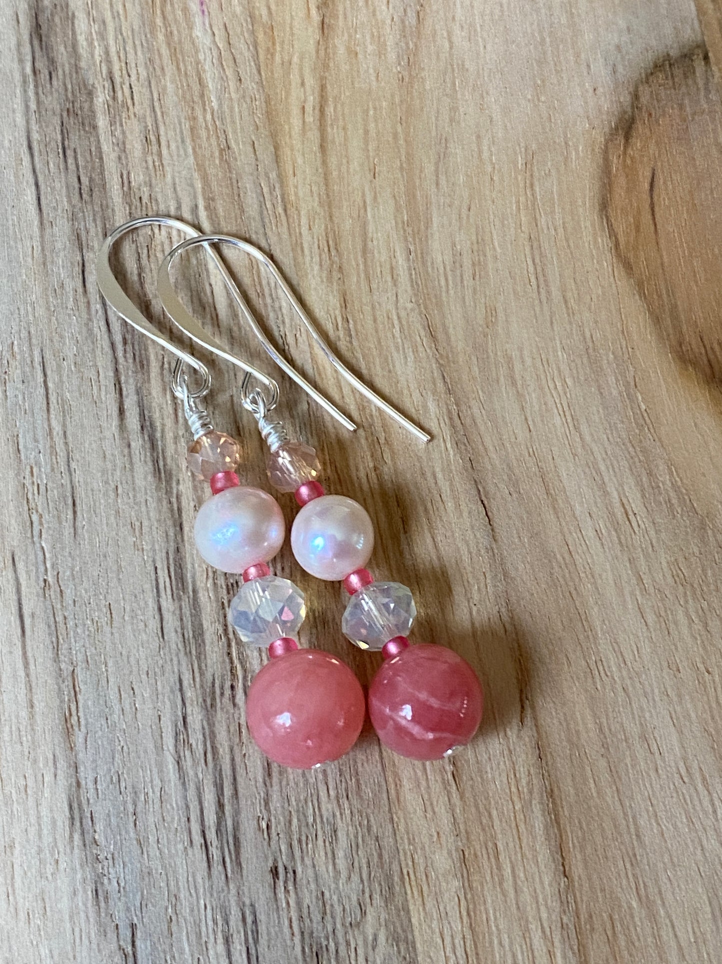 Pink/Peach Chalcedony Dangle Earrings with Pearl and crystal beads