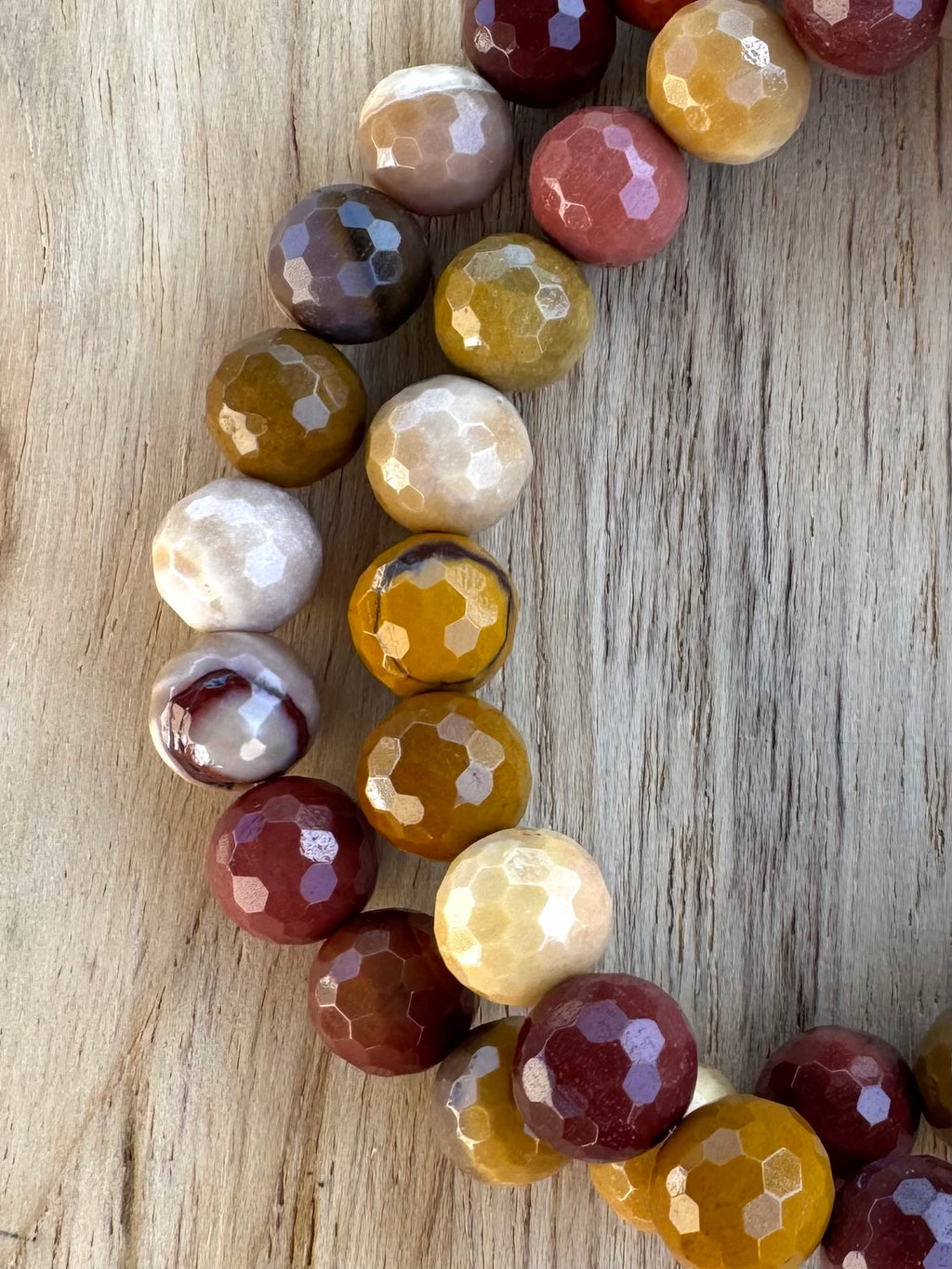 Faceted Mookaite Stretch Bracelet in shades of Mustard Yellow and Red ~ 7”